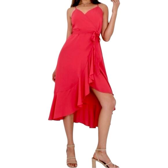 Lulu’s Wrap Dress Sleeveless Hi Low Ruffle Hem Coral Pink Women’s Size Small - Picture 1 of 16